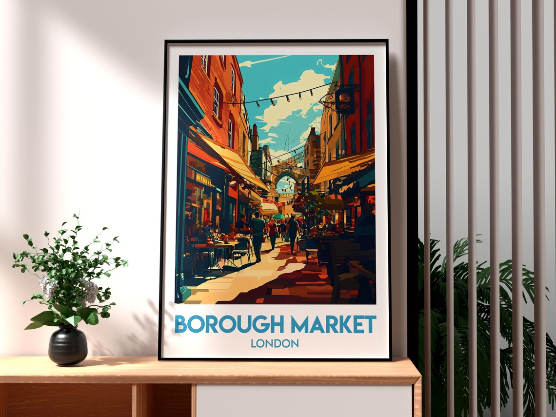 Borough Market London Food Street Scene Vintage Travel Poster