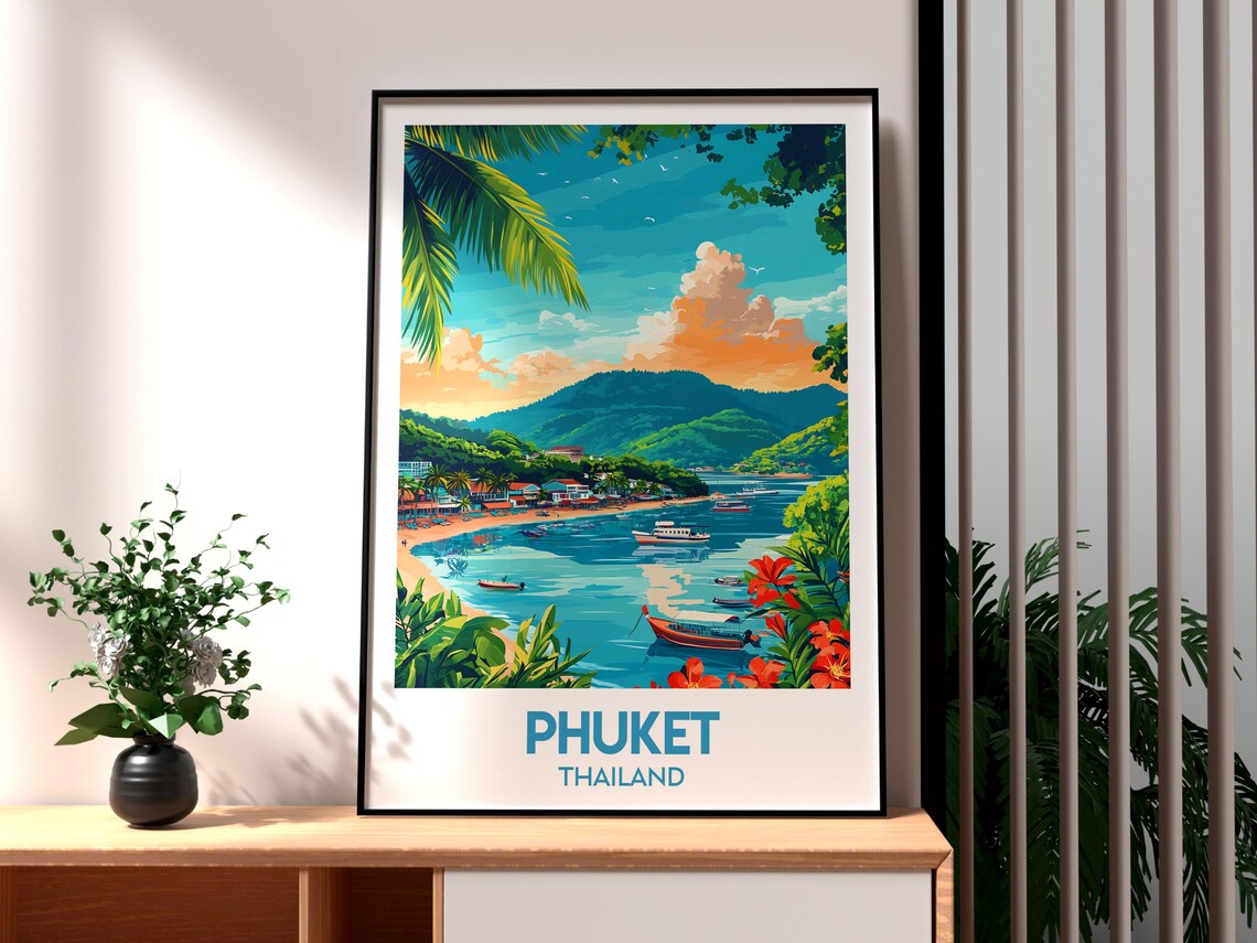 Phuket Thailand Tropical Bay Longtail Boats Vintage Travel Poster