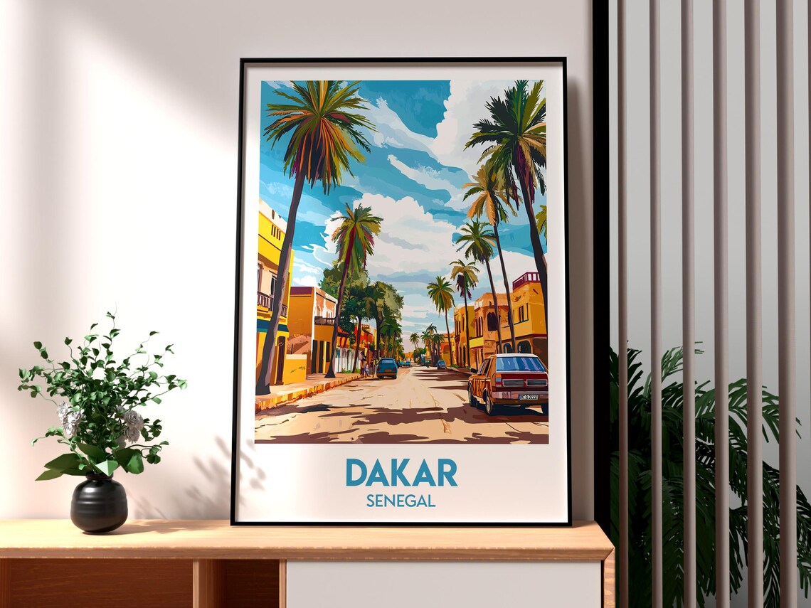 Dakar Senegal Palm Lined Street Classic Car Vintage Travel Poster