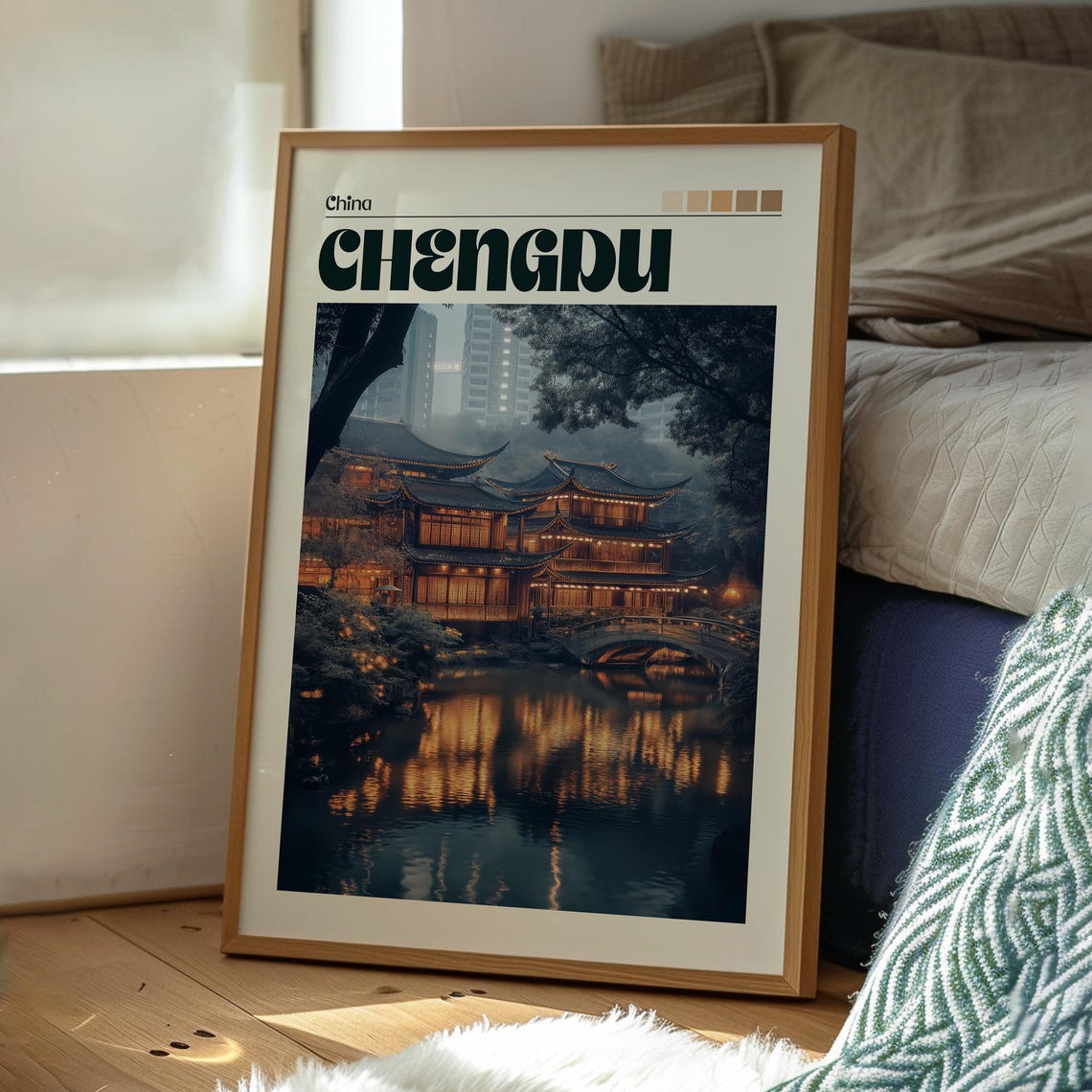 Chengdu China Lantern Lit Teahouse Lakeside Dusk Travel Poster - Image 3