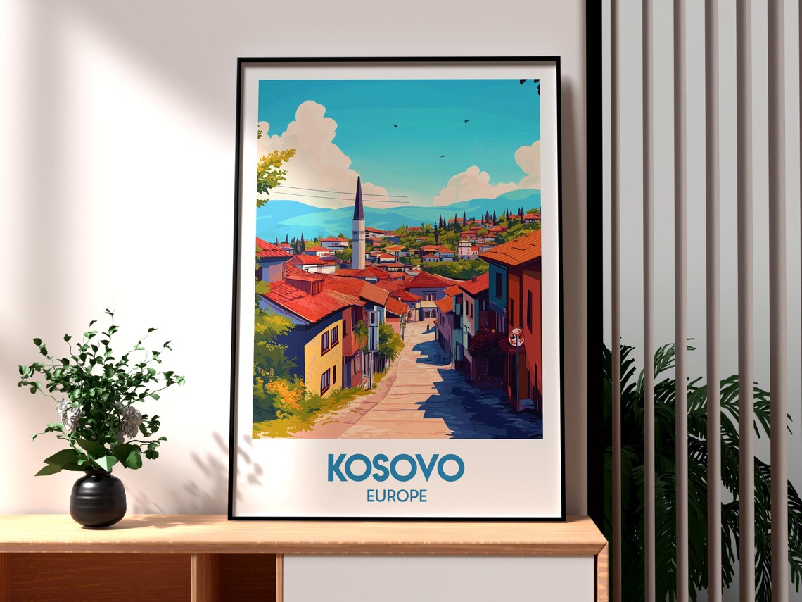 Kosovo Europe Historic Old Town Street Minaret Travel Poster