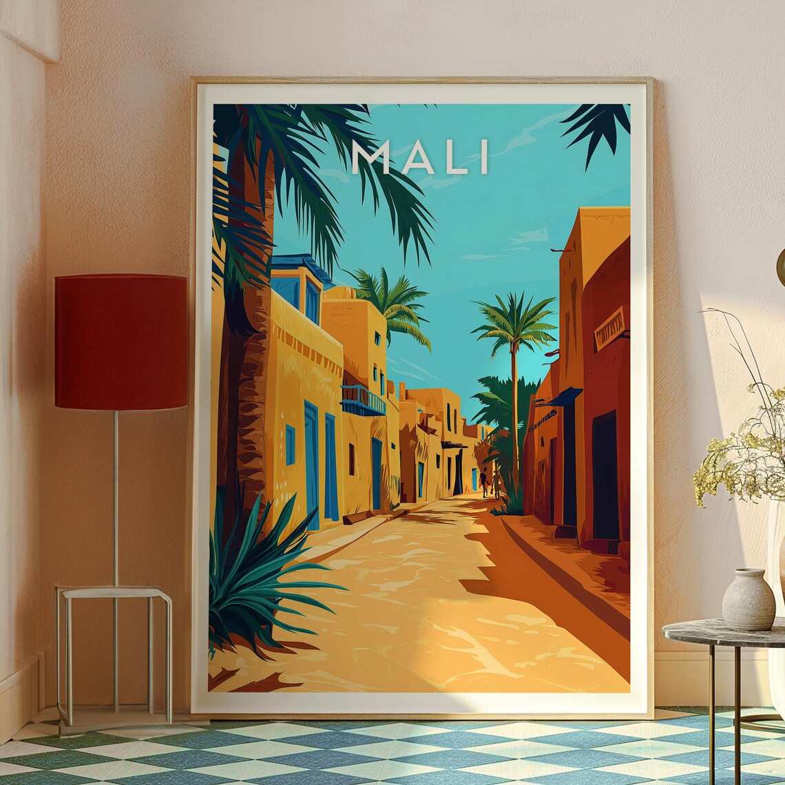 Mali African Desert Sunlit Old Town Street Palm Trees Poster - Image 2