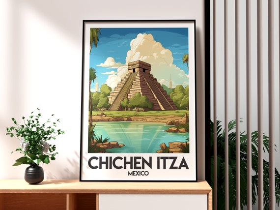Chichen Itza Print Mexico Wall Art Wonder Of The World Travel Poster Mayan Temple