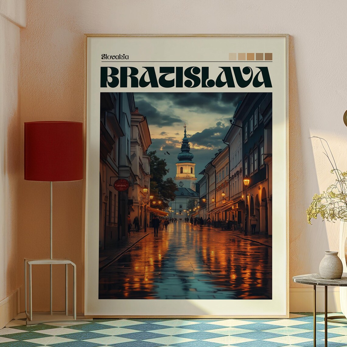 Bratislava Slovakia Rainy Night Old Town Street Lamp Reflections Poster - Image 2