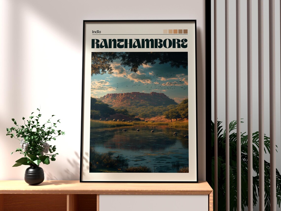 Ranthambore India Wildlife Lake Deer Scenic Retro Travel Poster