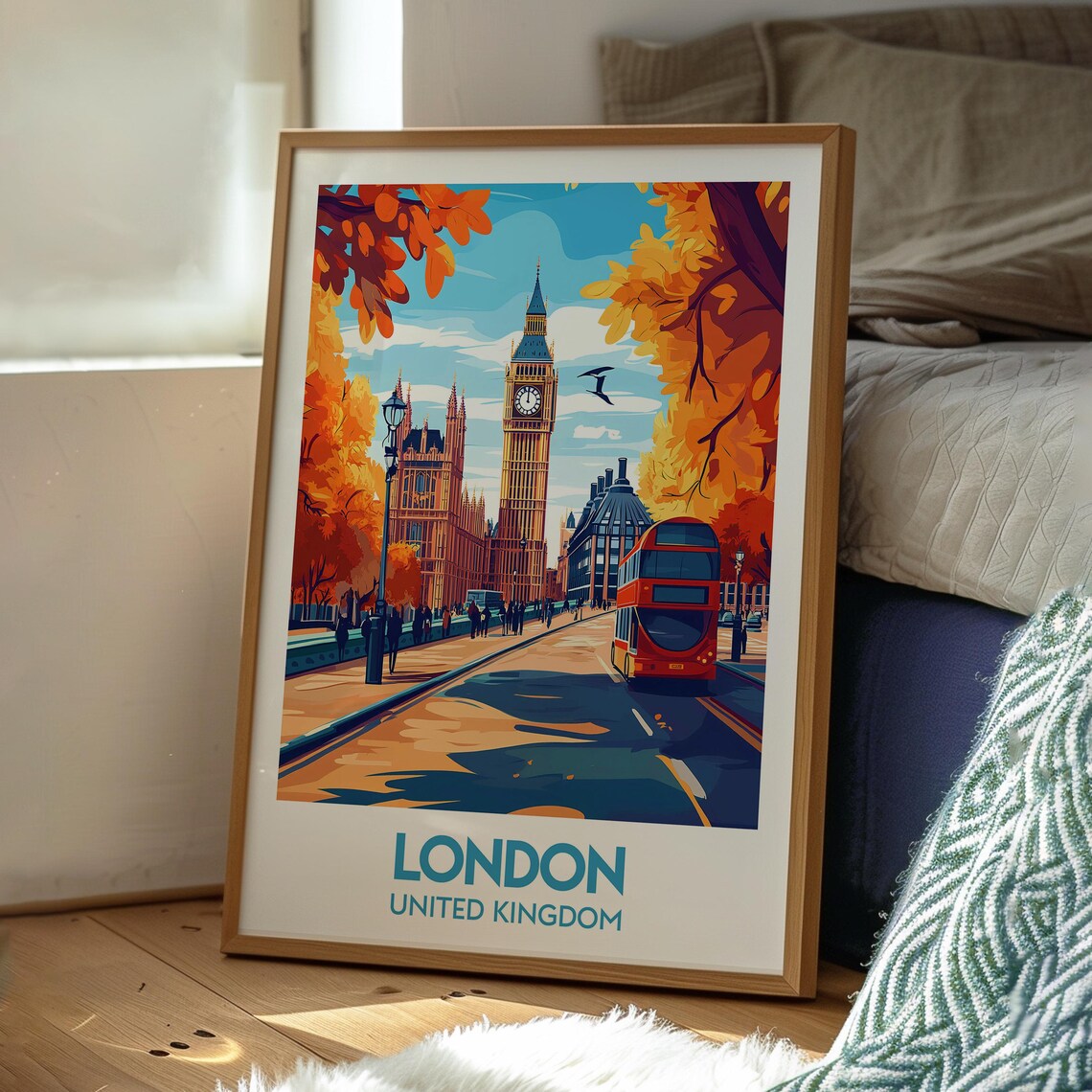 London Big Ben Red Bus Autumn Street City Landmark Travel Poster - Image 3