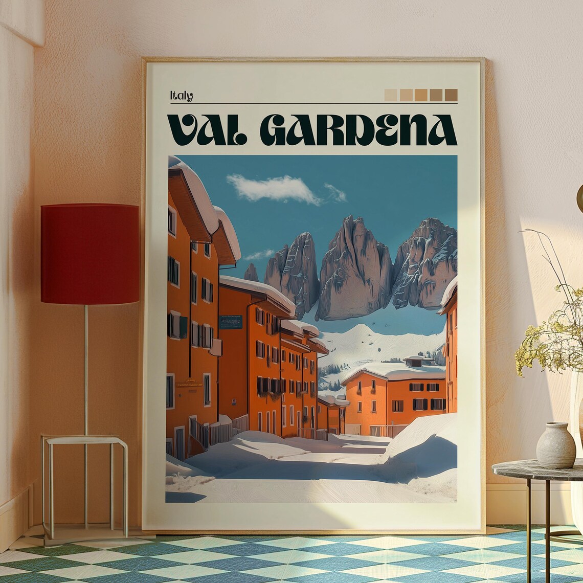 Val Gardena Italy Snowy Village Street Dolomite Peaks Art Poster - Image 2