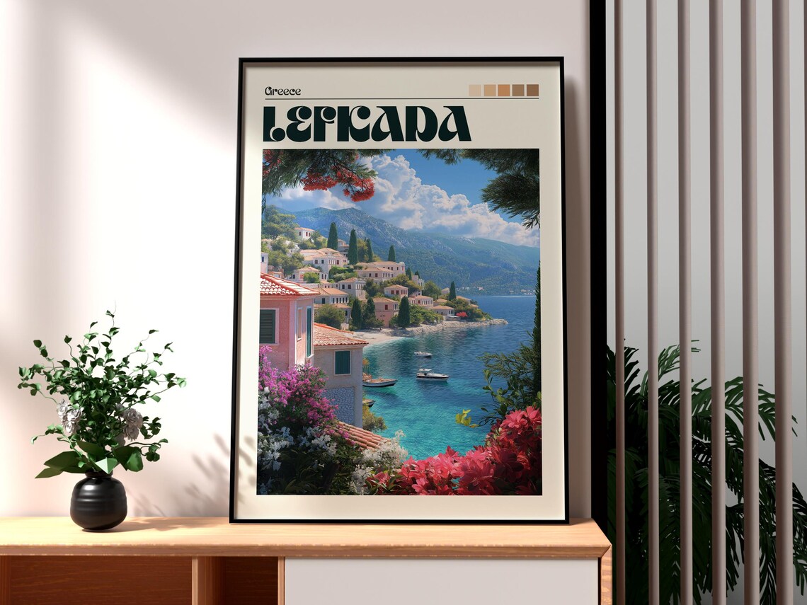 Lefkada Greece Island Village Coast Bougainvillea Travel Poster