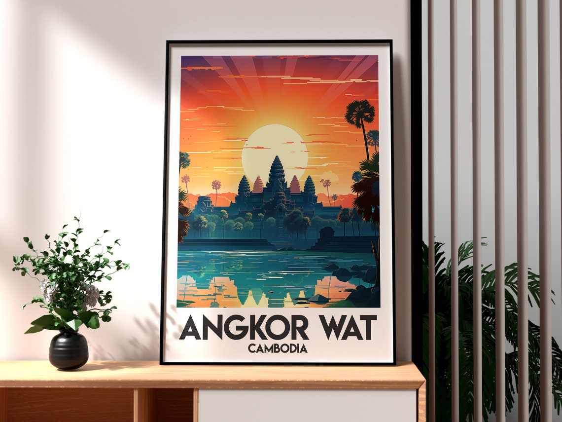 Angkor Wat Cambodia Ancient Temple Sunset Over Water Travel Poster