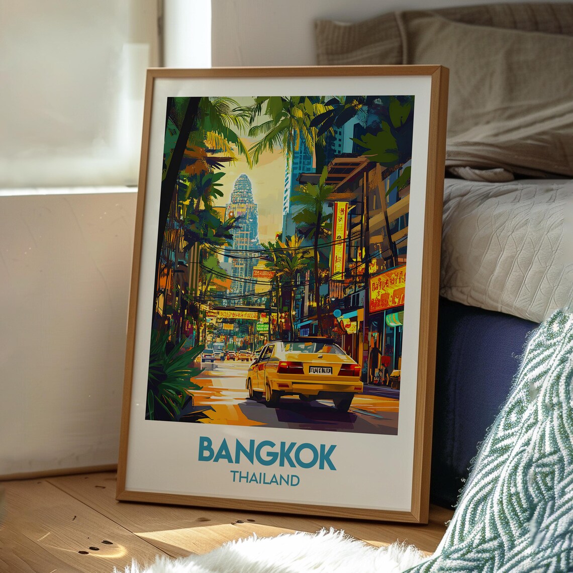Bangkok Thailand Chinatown Night Taxi Neon Street Scene Poster - Image 3