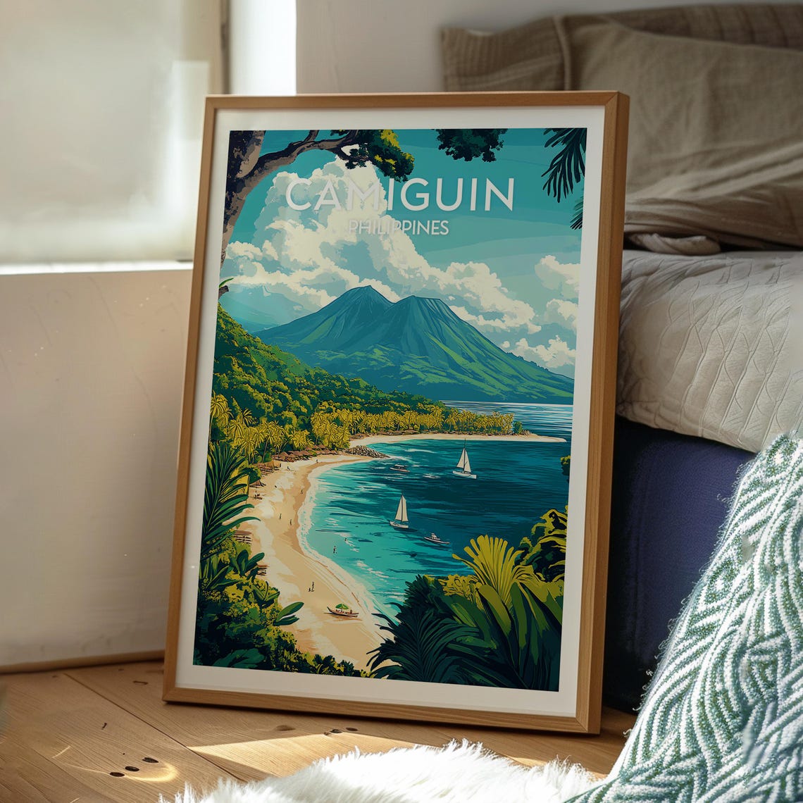 Camiguin Philippines Volcano Beach Sailboats Palm Trees Travel Poster - Image 3