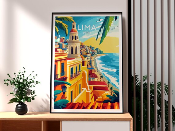 Lima Peru Coastal Cliffs Church Tower Beach Scene Travel Poster