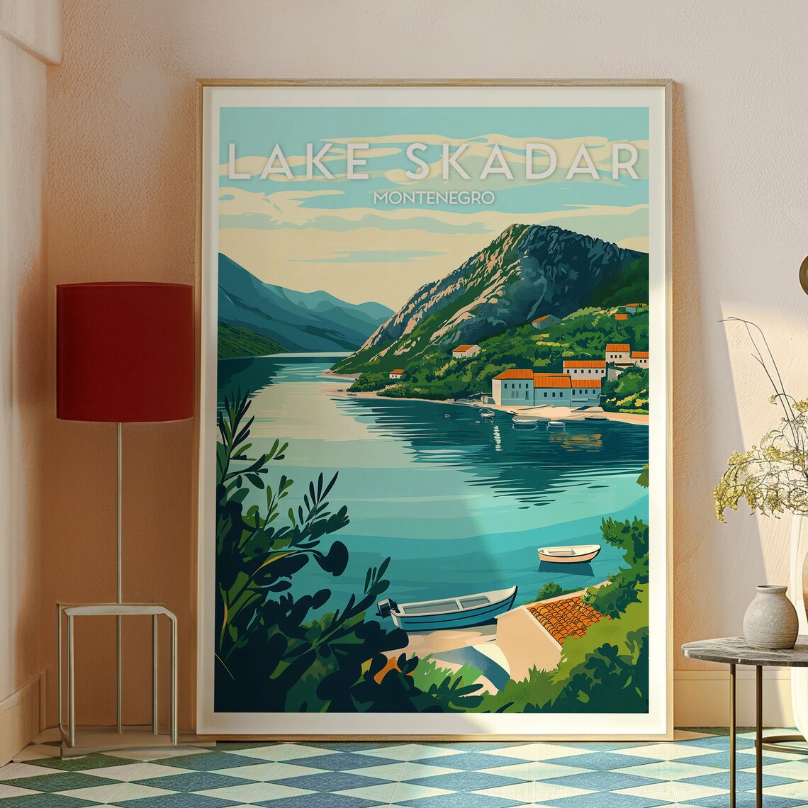 Lake Skadar Montenegro Mountain Lake Boats Village Travel Poster - Image 2