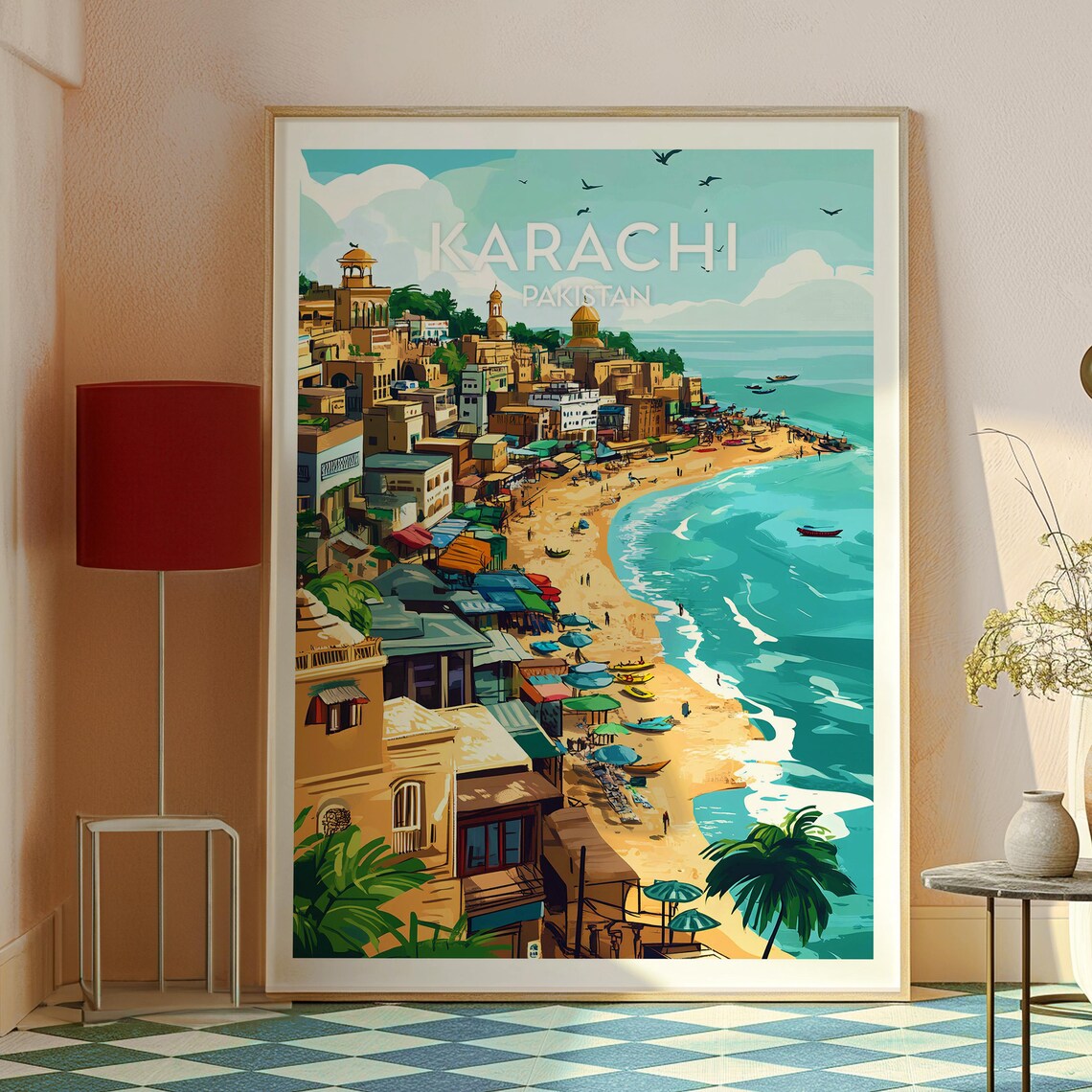Karachi Pakistan Beach Hillside City Fishing Boats Travel Poster - Image 2