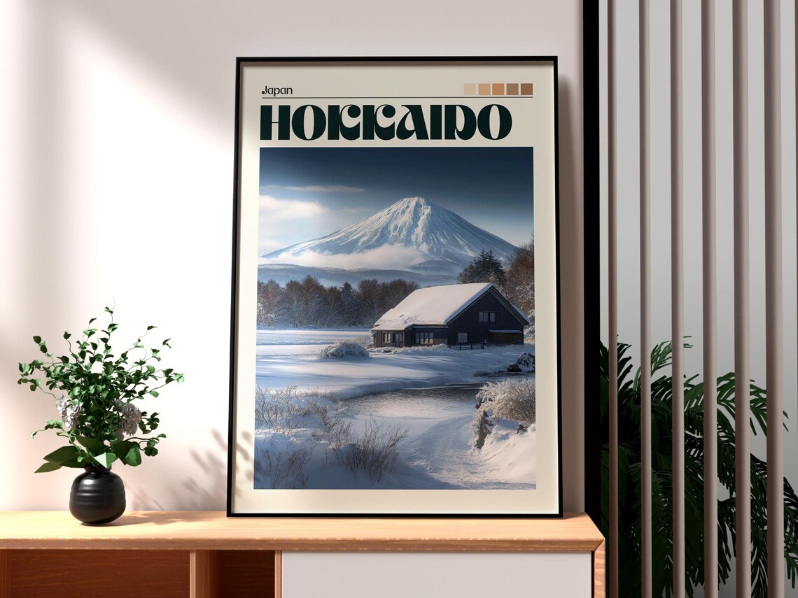Hokkaido Snowy Volcano Cabin Winter Landscape Japan Travel Poster