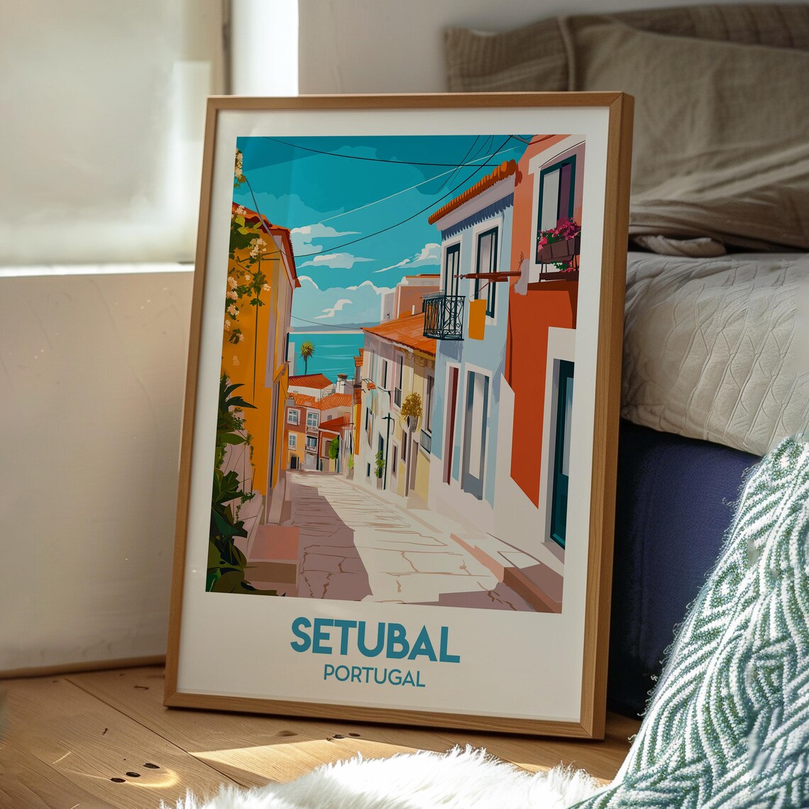 Setubal Portugal Colorful Coastal Street Ocean View Travel Poster - Image 3