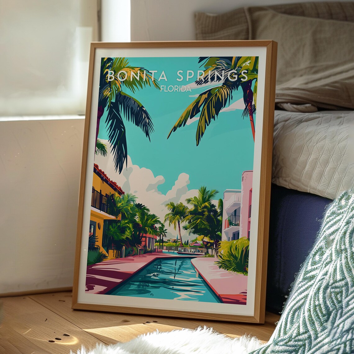 Bonita Springs Florida Palm Canal Sunset Gulf Coast Travel Art Poster - Image 3