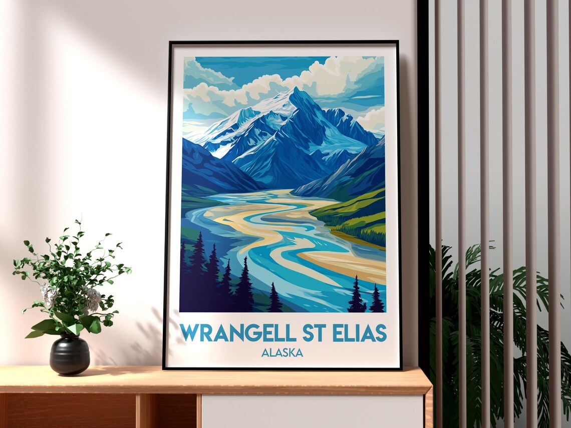 Wrangell St Elias Alaska Snowy Peaks Braided River Wilderness Travel Poster