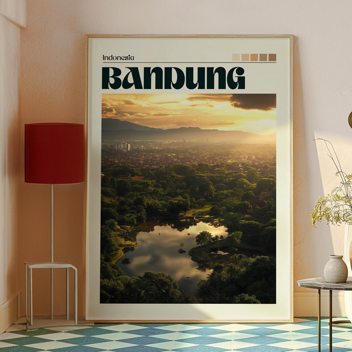 Bandung Indonesia Golden Sunset Lake and City Skyline Travel Poster - Image 2
