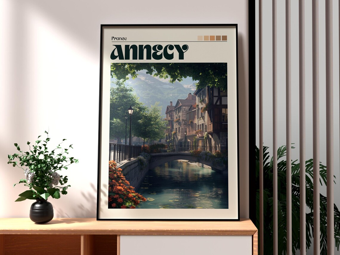 Annecy France Flowered Canal Bridge Old Town Vintage Travel Poster