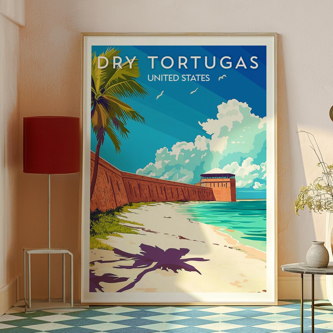 Dry Tortugas Florida Brick Fort Beach Palm Shadows Island Travel Poster - Image 2