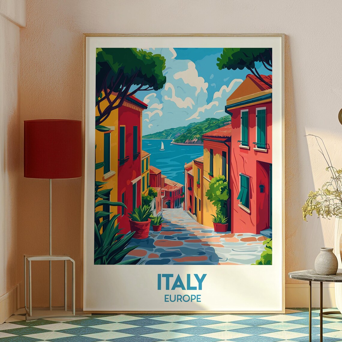 Italy Europe Charming Seaside Street Colorful Houses Sailboat Poster - Image 2