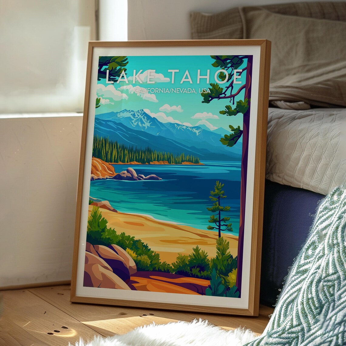 Lake Tahoe USA Mountain Lake Pine Forest Beach Travel Poster - Image 3