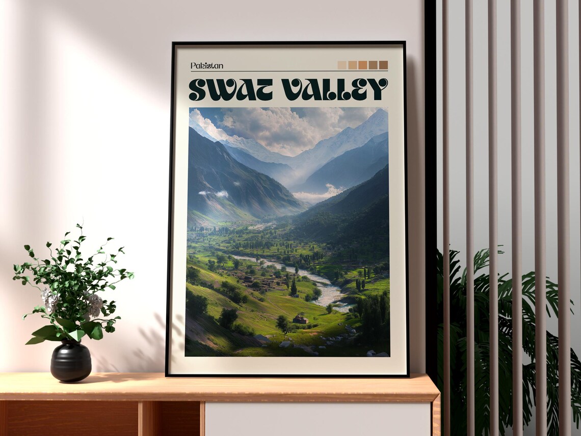 Swat Valley Pakistan Lush Green Valley River Snowy Peaks Travel Poster