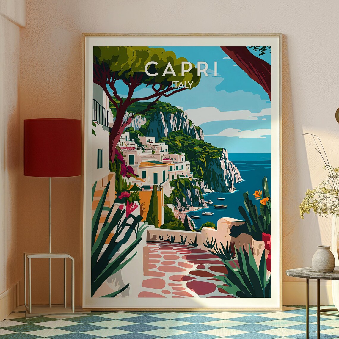 Capri Italy Cliffside Town Turquoise Sea Vintage Travel Poster - Image 2