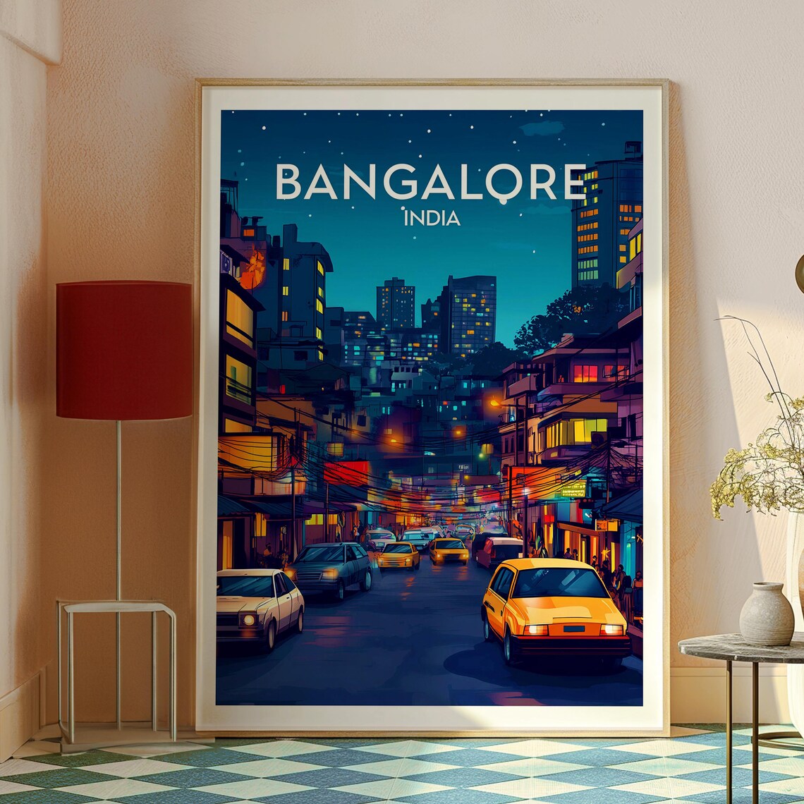 Bangalore India Night City Street Taxis Skyline Vintage Travel Poster - Image 2
