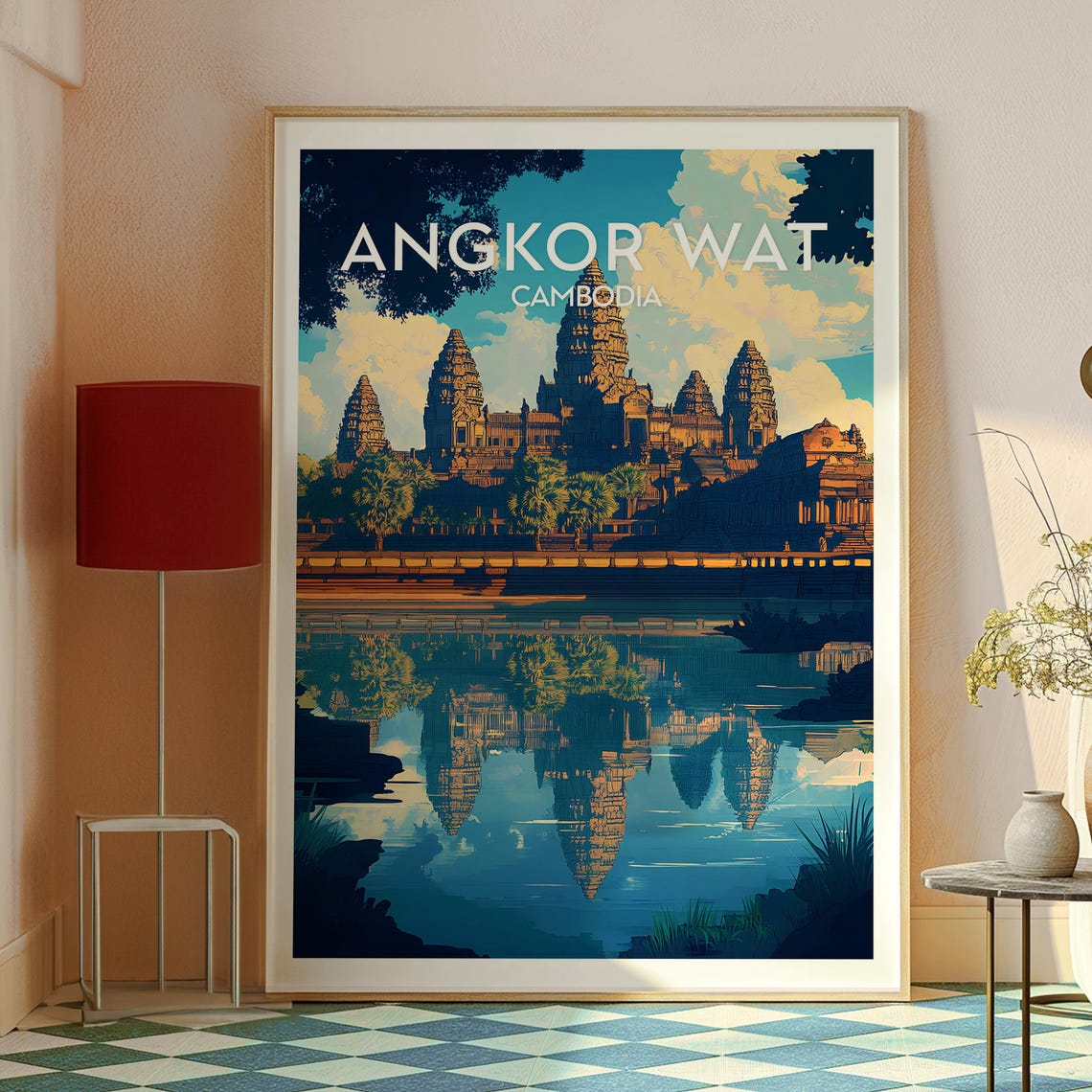 Angkor Wat Cambodia Temple Reflection Lake Evening Sky Travel Poster - Image 2
