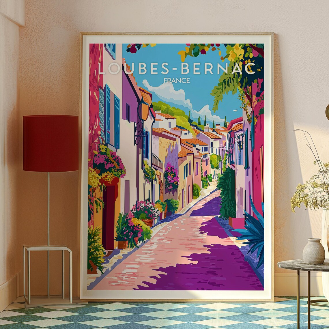Vintage Loubes-Bernac France Flower Street Old Town Travel Poster - Image 2