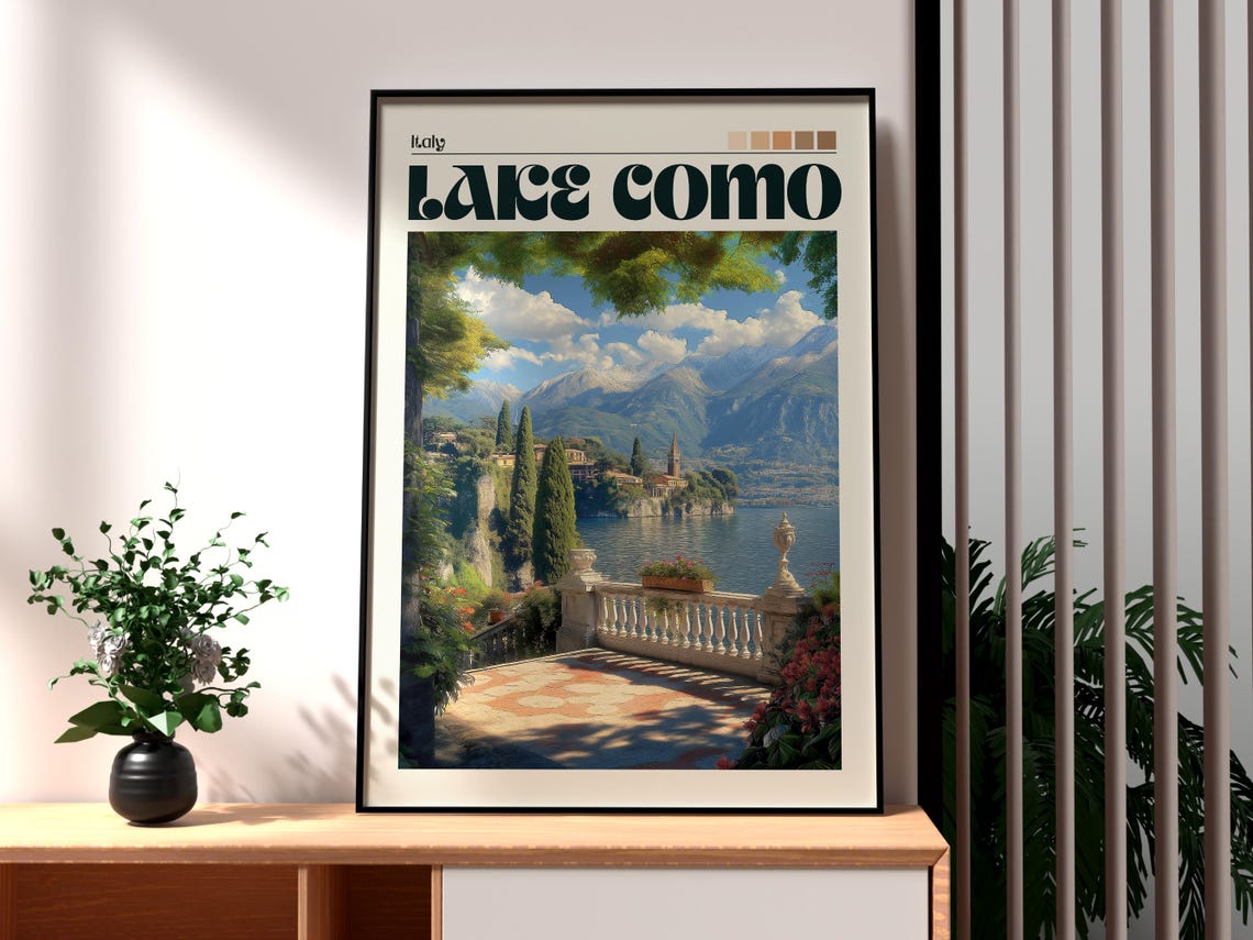 Lake Como Italy Stone Terrace Garden Mountain Lake View Poster