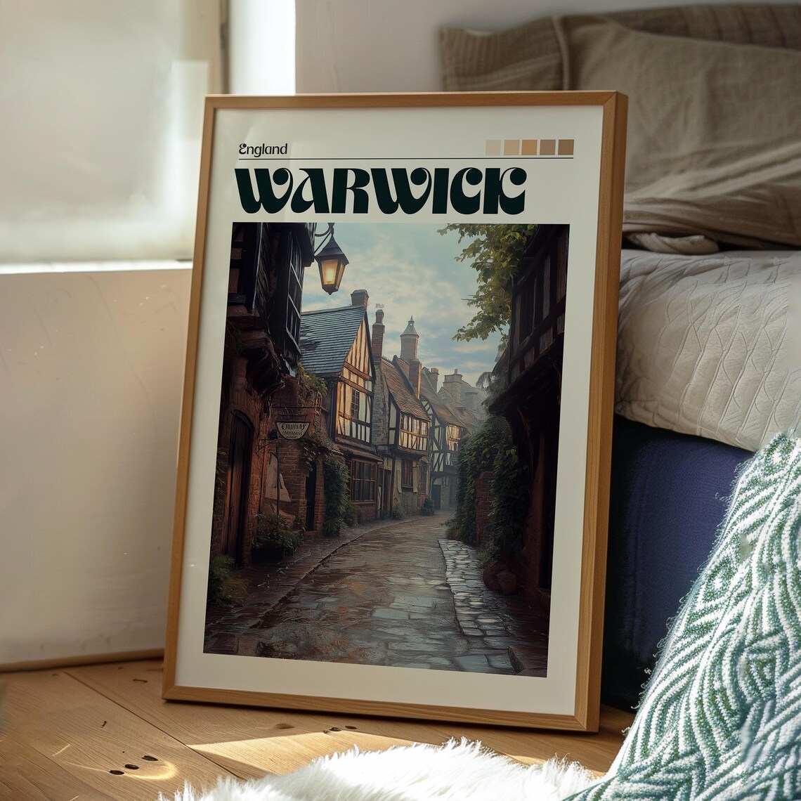 Warwick England Historic Tudor Street Old Town Vintage Travel Poster - Image 3