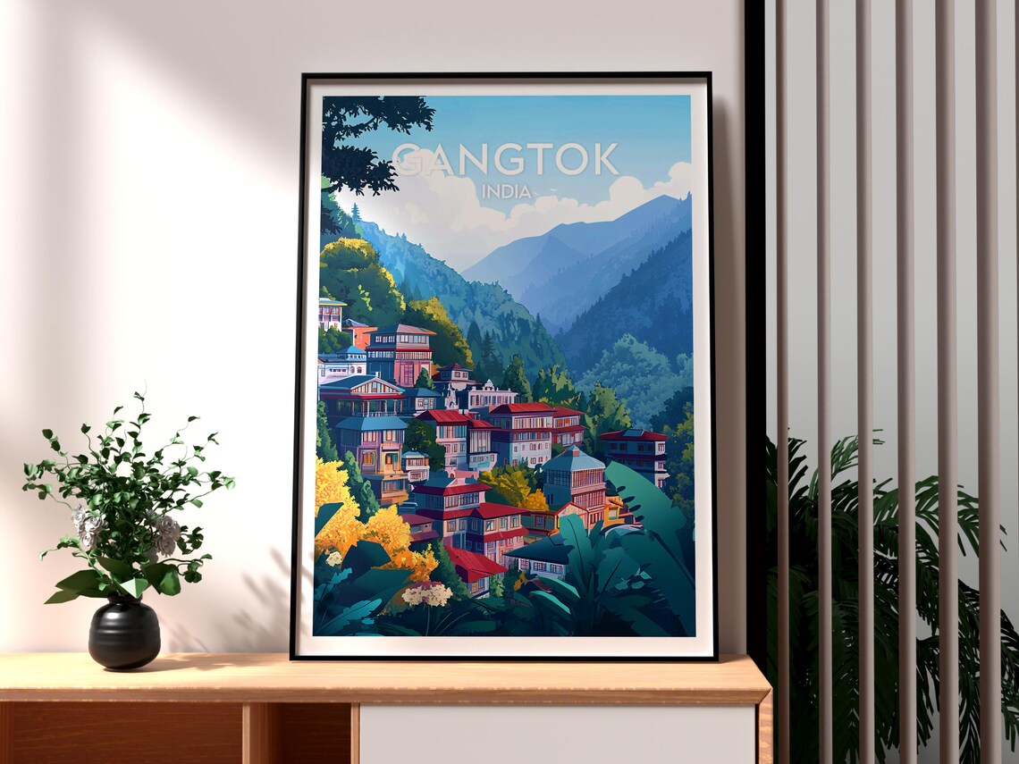 Gangtok India Colorful Hillside Town Himalayan Valley Travel Poster