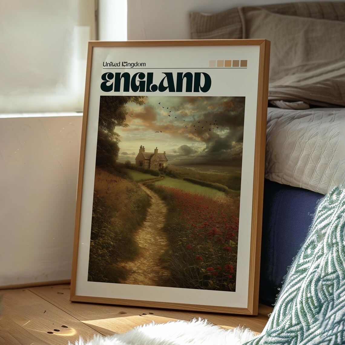 England United Kingdom Country Cottage Poppy Field Sunset Poster - Image 3