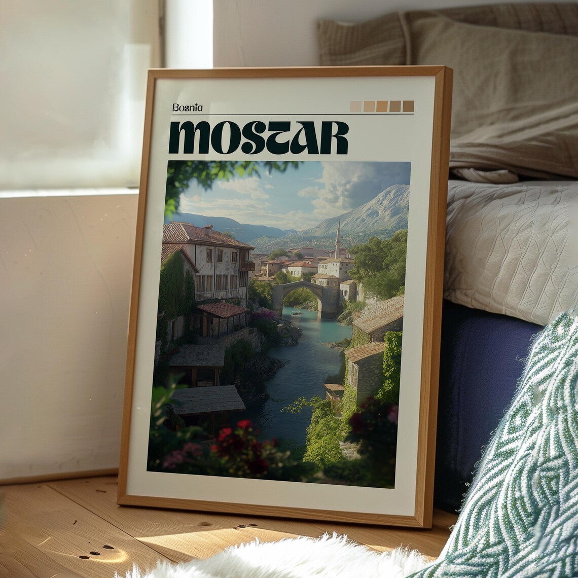 Mostar Bosnia Stari Most Bridge Neretva River Old Town Travel Poster - Image 3