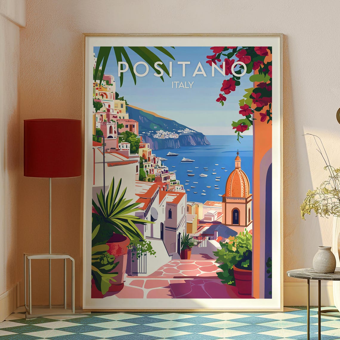 Positano Italy Amalfi Coast Cliff Town Church Dome Travel Poster - Image 2