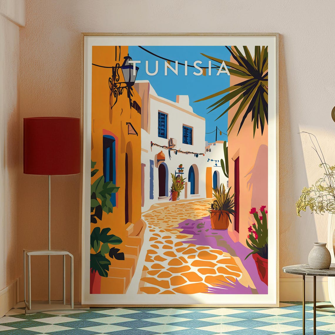 Tunisia Whitewashed Medina Cobblestone Alley Palms Travel Poster - Image 2