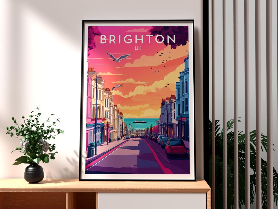 Brighton UK Sunset Seaside Street Beach Seagulls Travel Poster