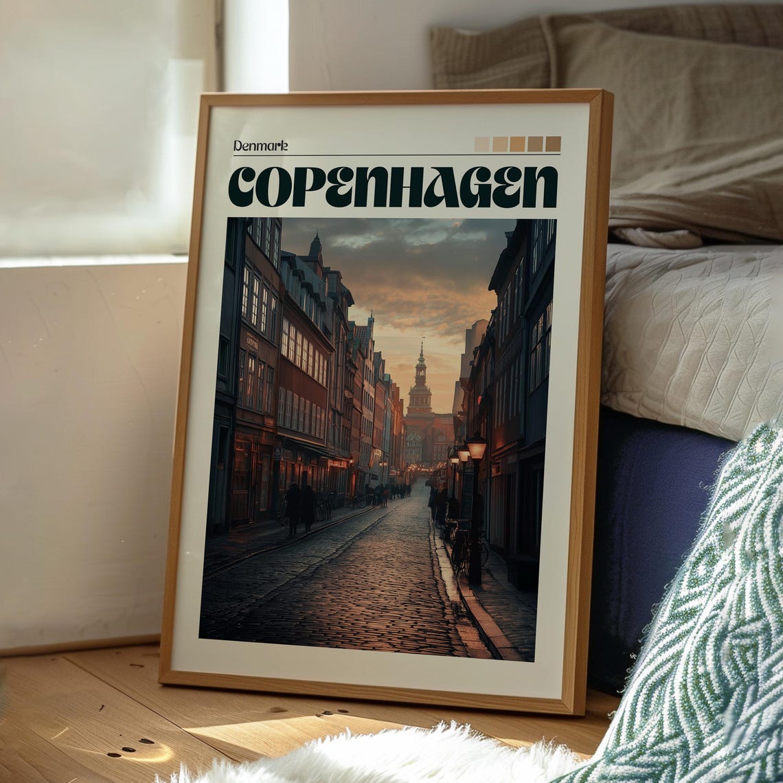 Copenhagen Denmark Cobblestone Street Dusk Lamplight Old Town Poster - Image 3