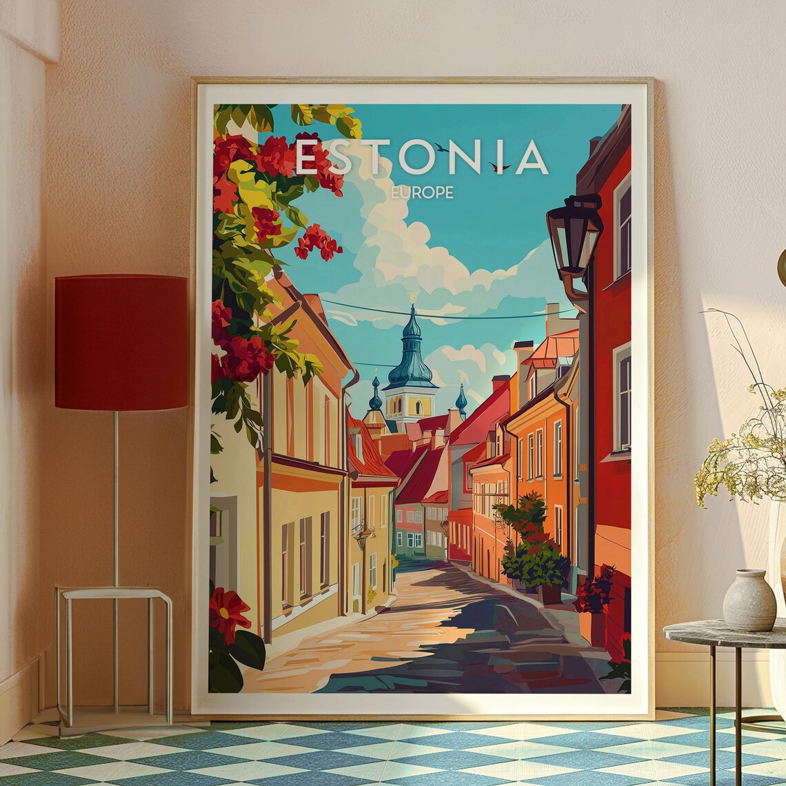 Estonia Europe Retro Travel Poster Old Town Street Church Dome - Image 2