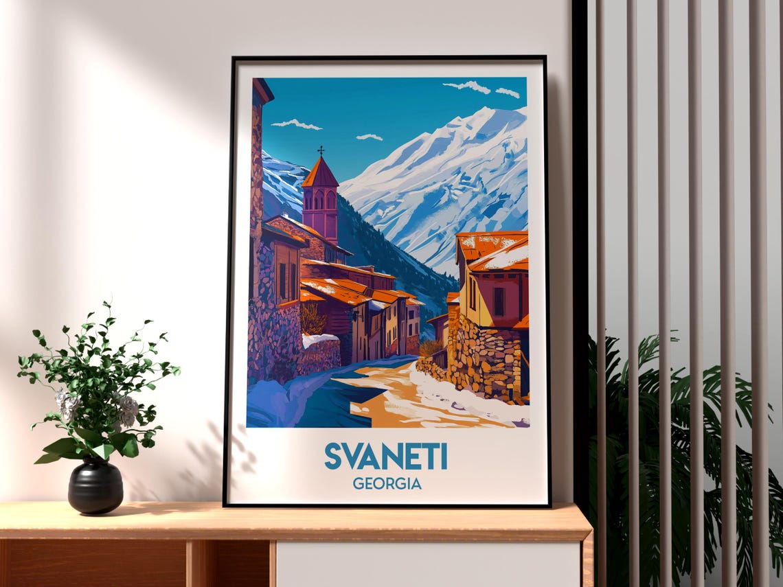 Svaneti Georgia Mountain Village Church Snow Peaks Travel Poster