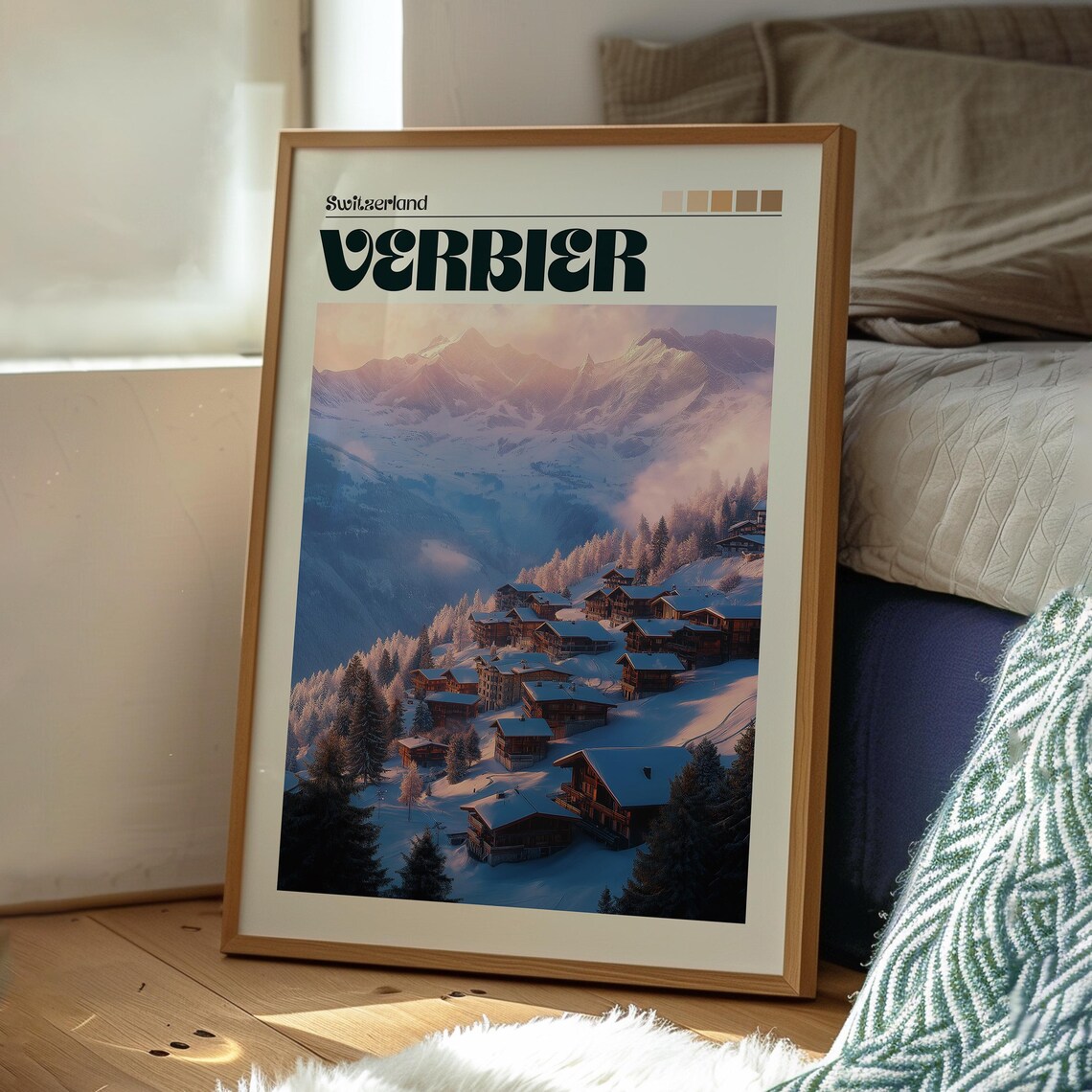 Verbier Switzerland Snowy Alpine Village Sunset Ski Resort Poster - Image 3