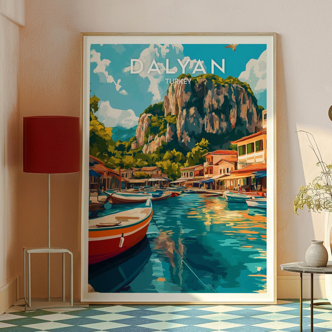 Dalyan Turkey Harbor Boats Rock Cliffs Riverside Travel Poster - Image 2