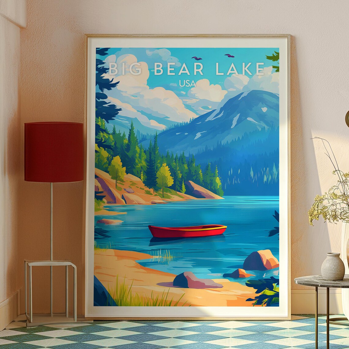 Big Bear Lake USA Red Canoe Pine Mountains Lake Travel Poster - Image 2