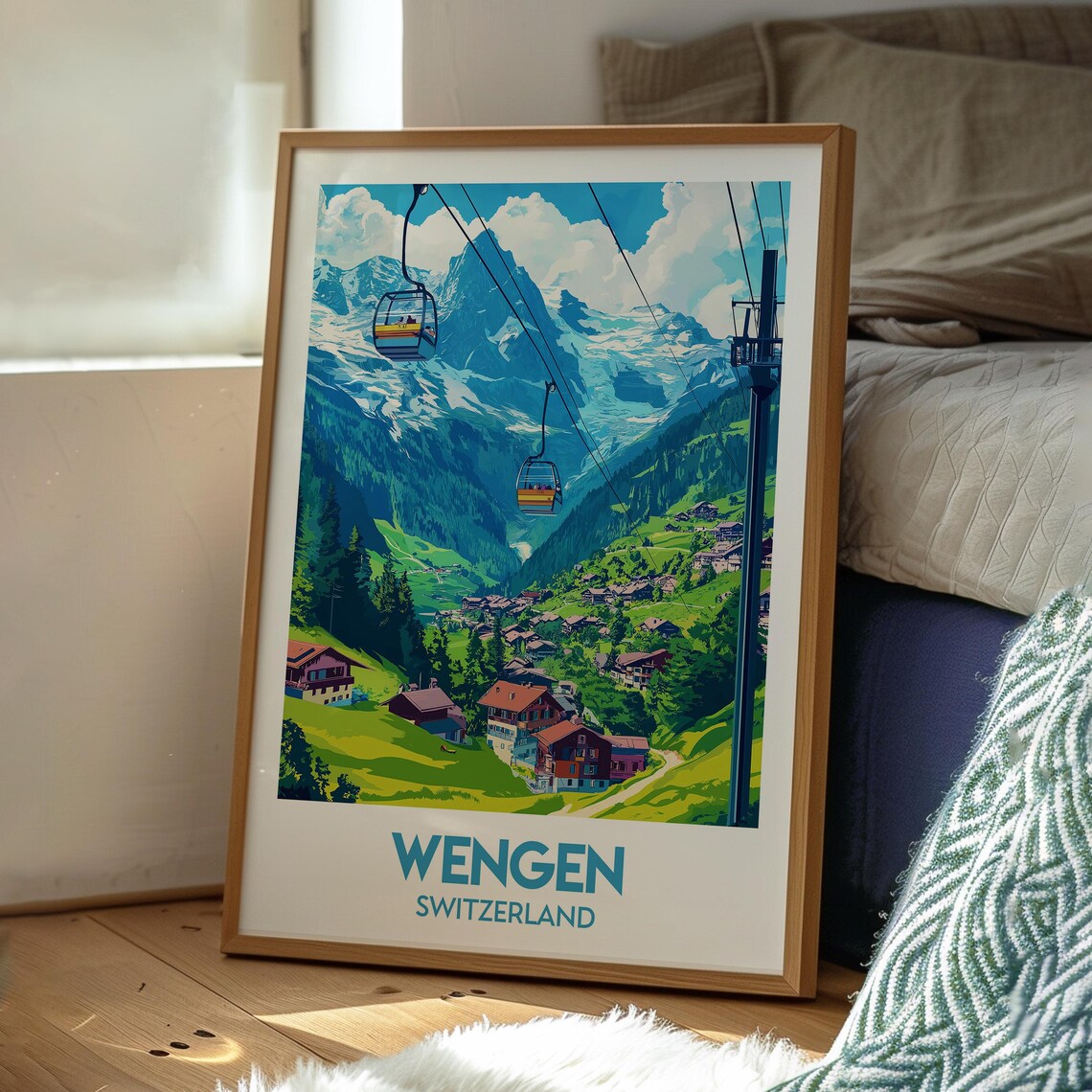 Wengen Switzerland Snowy Peaks Cable Cars over Alpine Chalets Poster - Image 3