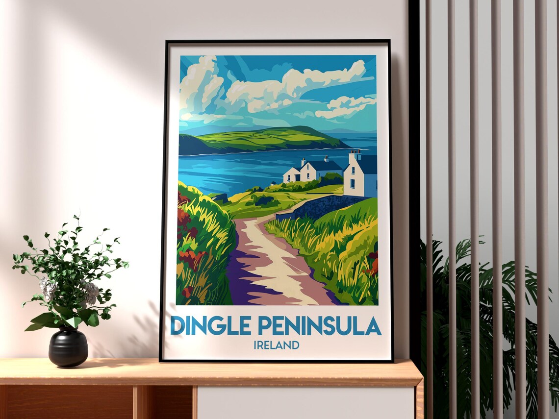 Dingle Peninsula Ireland Retro Travel Poster Coastal Path Cottages