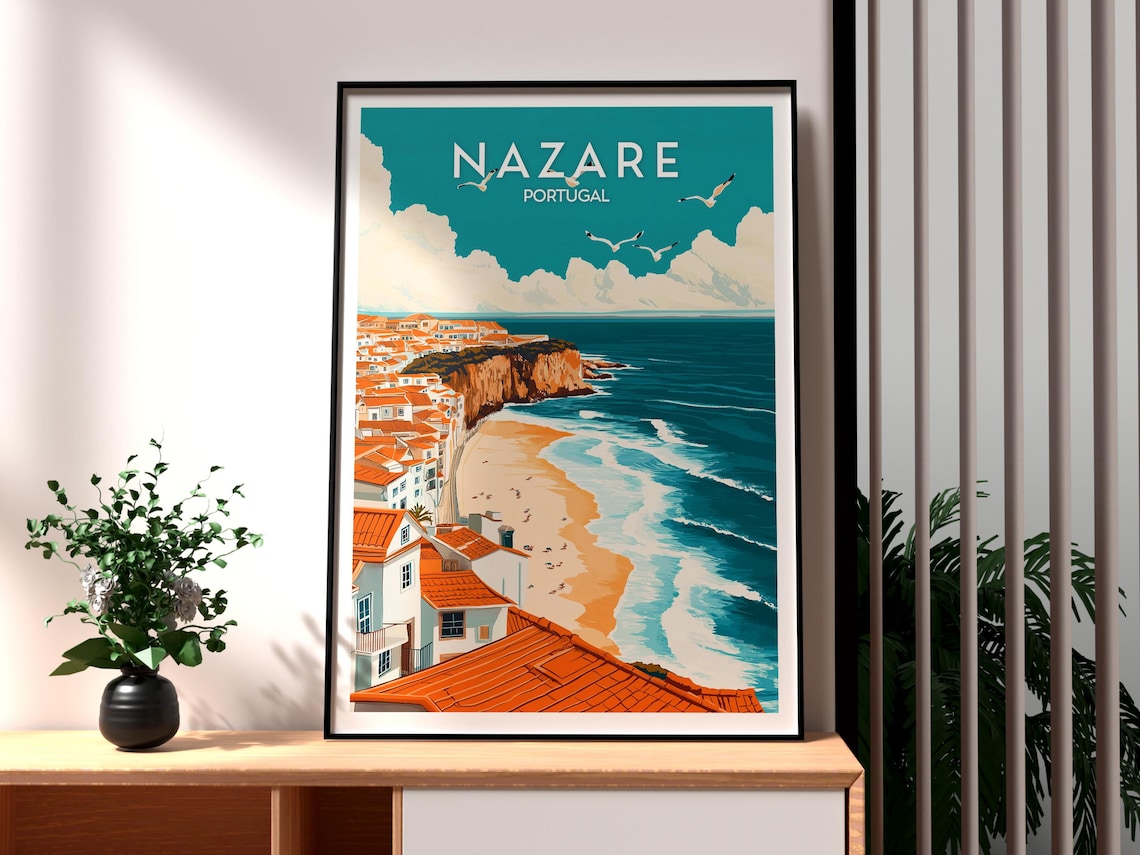 Nazare Portugal Cliff Top Town Big Wave Surf Beach Travel Poster