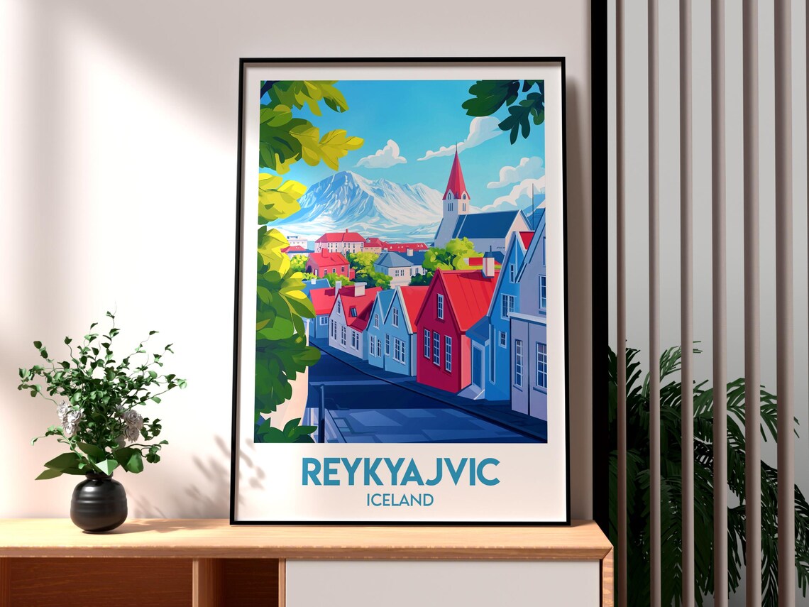 Reykjavik Iceland Colorful Street Old Town Church Spire Poster